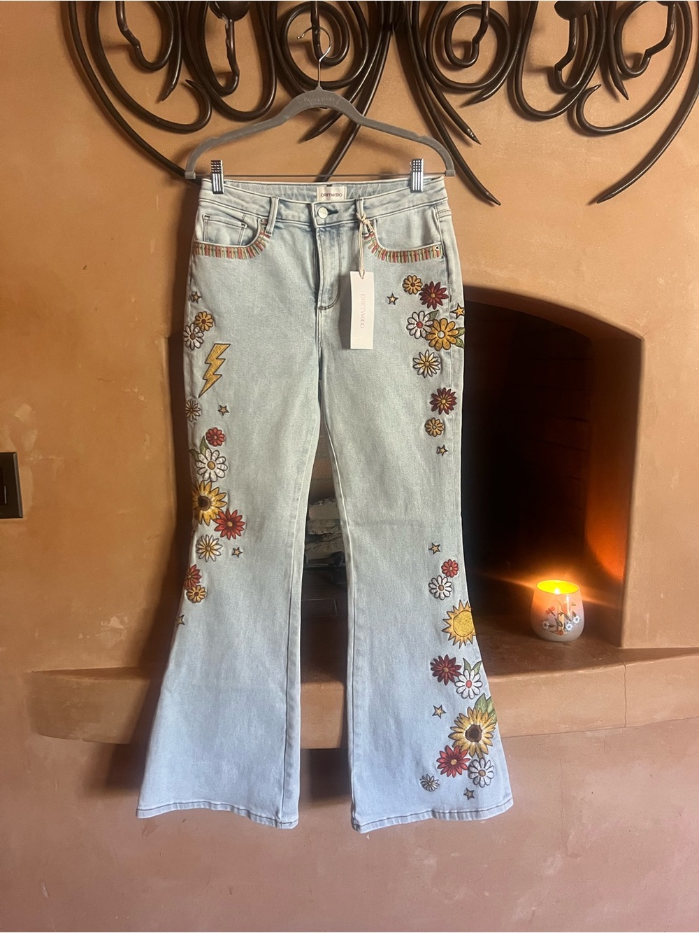 DRIFTWOOD Light Wash Floral & Lightning Bolt Flare Jeans